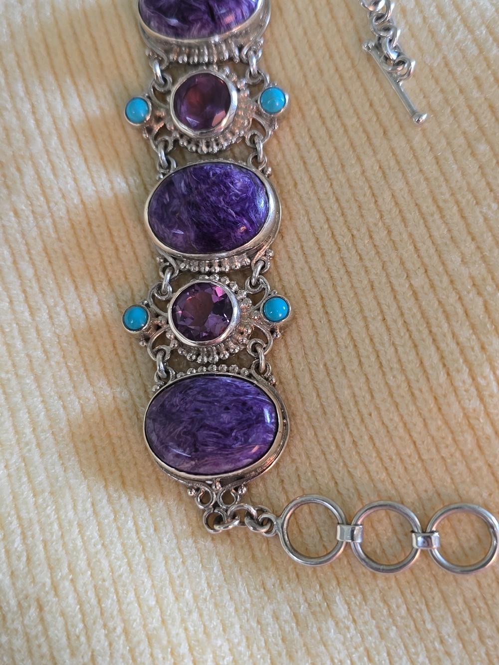 Sajen Sterling Charoite, Amethyst, and Turquoise Accent Bracelet - Picture 2 of 6